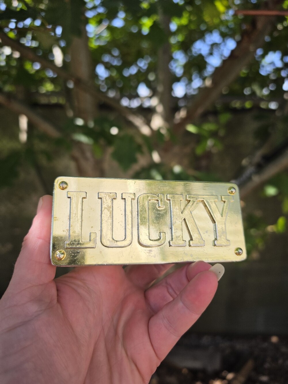 Vtg 70's Solid Brass 'LUCKY' Belt Buckle Counterculture Hippie Boho Brutalist